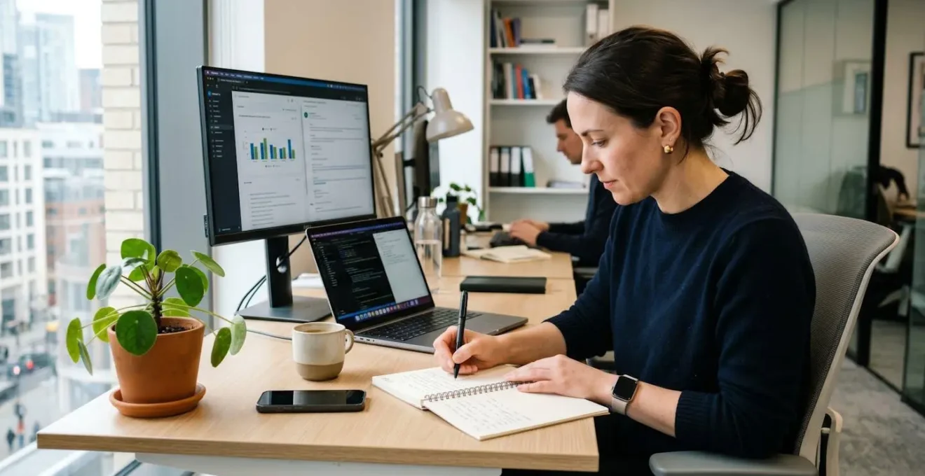 Femme d'affaires concentrée écrivant dans un carnet ouvert sur un bureau organisé avec un ordinateur portable en arrière-plan