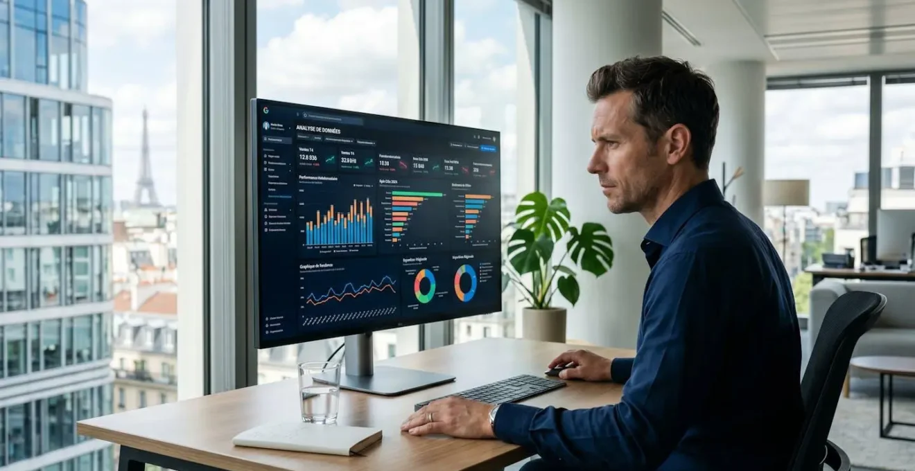 Un homme en chemise consulte un tableau de bord digital affichant des graphiques de performance comparatifs dans un bureau moderne lumineux
