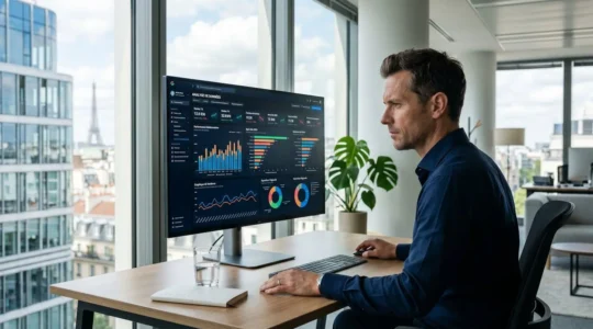 Un homme en chemise consulte un tableau de bord digital affichant des graphiques de performance comparatifs dans un bureau moderne lumineux